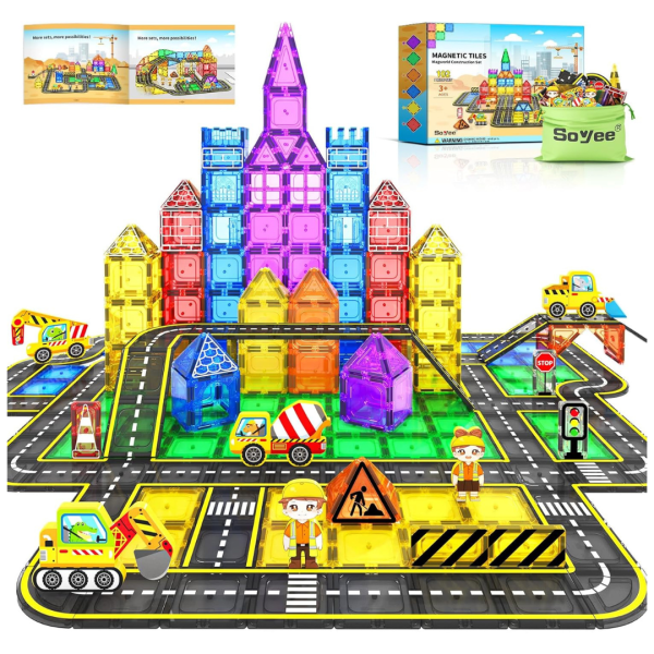 Soyee 102 Pcs Magnetic Tiles, Includes Roads & Vehicles For Sale