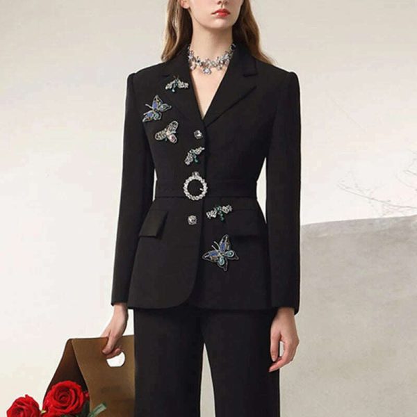 BPN Elegant Two Piece Set For Women Notched Collar Long Sleeve Blazers High Waist Flare Pants Temperament Slimming Sets Female Hot on Sale - Image 2