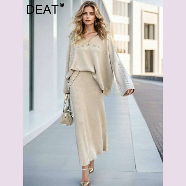 DEAT Fashion Women s 2 Pcs Set V-neck Loose Fit Long Sleeves Sweater High Waist Ankle-length Skirt Suit Autumn 2024 New 7AB4889 Online now