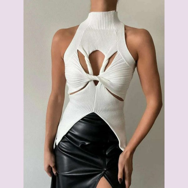 VGH Fashion Minimalist Hollow Out Solid Sexy Tank Tops For Women Stand Collar Sleeveless Off Shoulder Irregular Vest Female New For Discount - Image 2