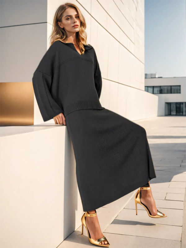 DEAT Fashion Women s 2 Pcs Set V-neck Loose Fit Long Sleeves Sweater High Waist Ankle-length Skirt Suit Autumn 2024 New 7AB4889 Online now - Image 4